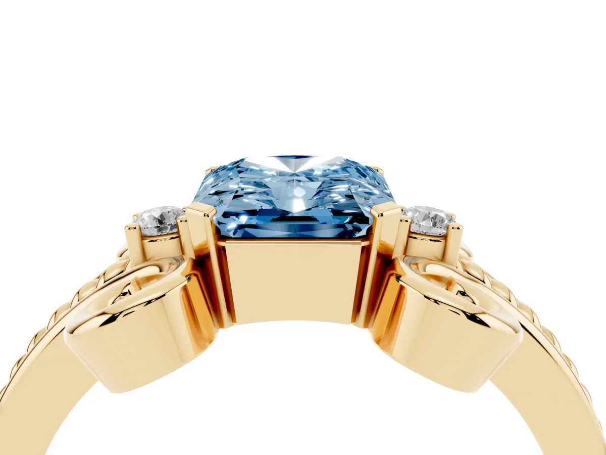 Fancy Blue Radiant Cut Solitaire Twisted Band Scroll Prong Ring Yellow gold