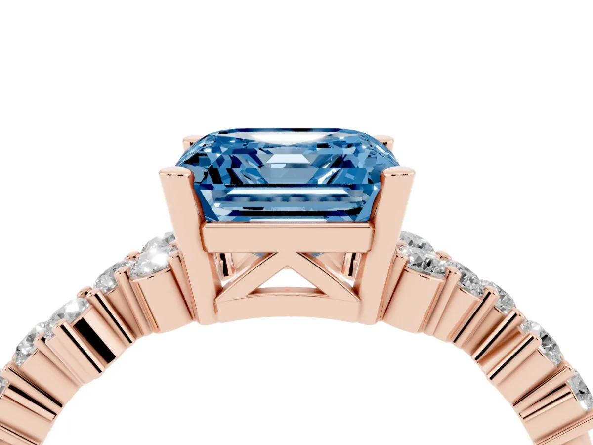 Fancy Blue Asscher Cut Diamond Scattered Round Accent Ring with Prong Setting Rose gold