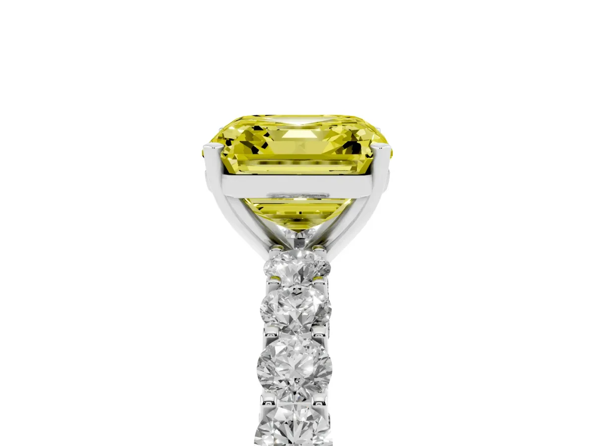 Fancy Yellow Asscher Cut Diamond Solitaire Ring with Shared Prong Pavé Band and Four-Prong Setting Silver