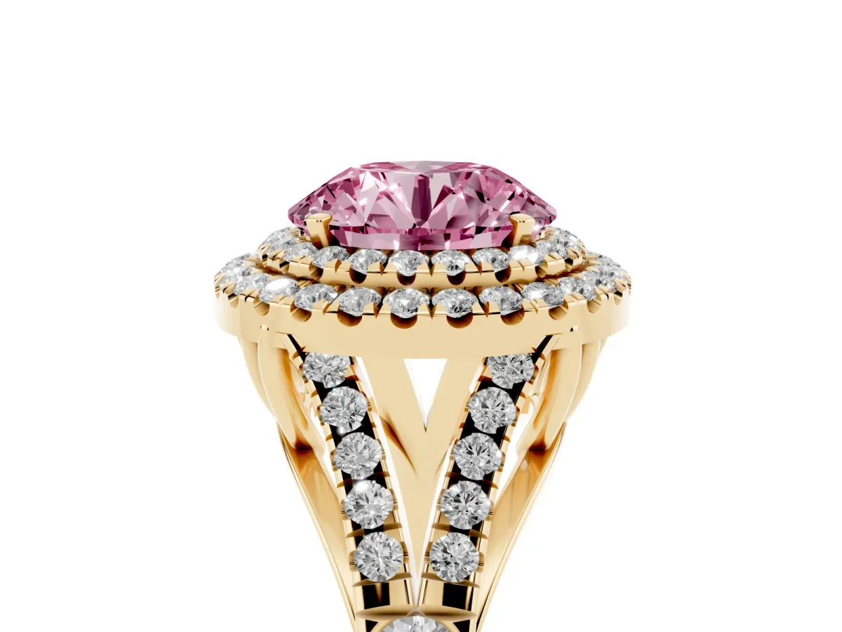 Fancy Pink Round Cut Diamond Double Halo Ring with Split Shank and Prong Setting Yellow gold