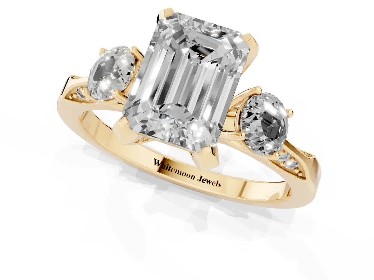 Fancy Green Emerald Cut Brilliant Three-Stone Diamond Ring with Pavé Band and Four-Prong Setting Yellow gold