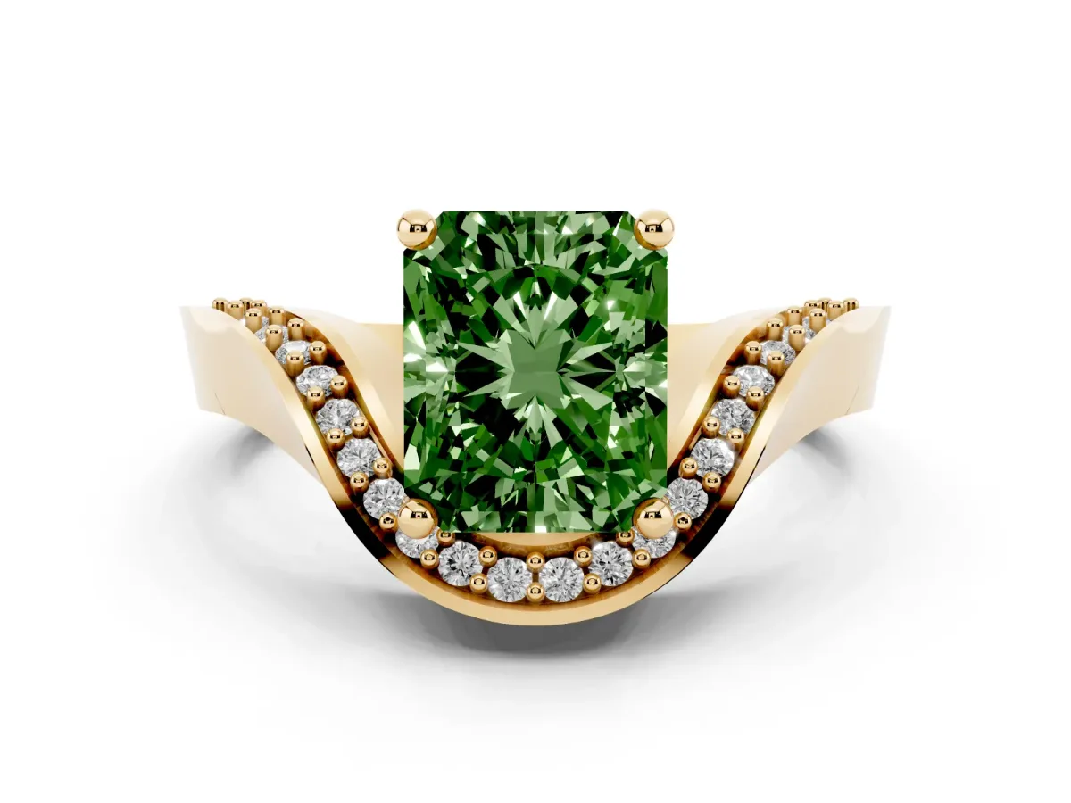 Fancy Green Radiant Cut Solitaire Diamond Engagement Ring with Pave Band and Four-Prong Setting Yellow gold