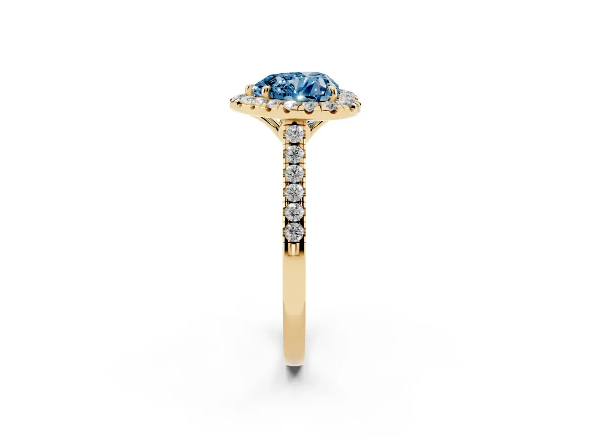 Fancy Blue Heart Cut Halo Pavé Diamond Engagement Ring with Four-Prong Setting Yellow gold