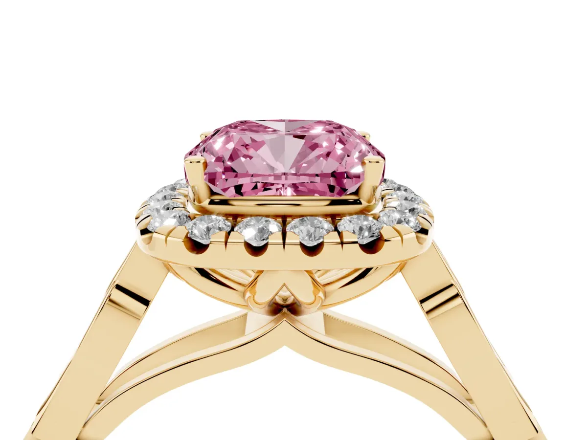 Fancy Pink Cushion Cut Halo Diamond Engagement Ring with Filigree Band and Four-Prong Setting Yellow gold