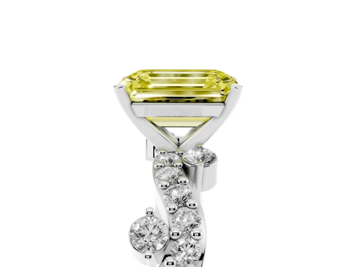 Fancy Yellow Emerald Cut Cut Solitaire Diamond Twisted Band with Pave Setting Silver