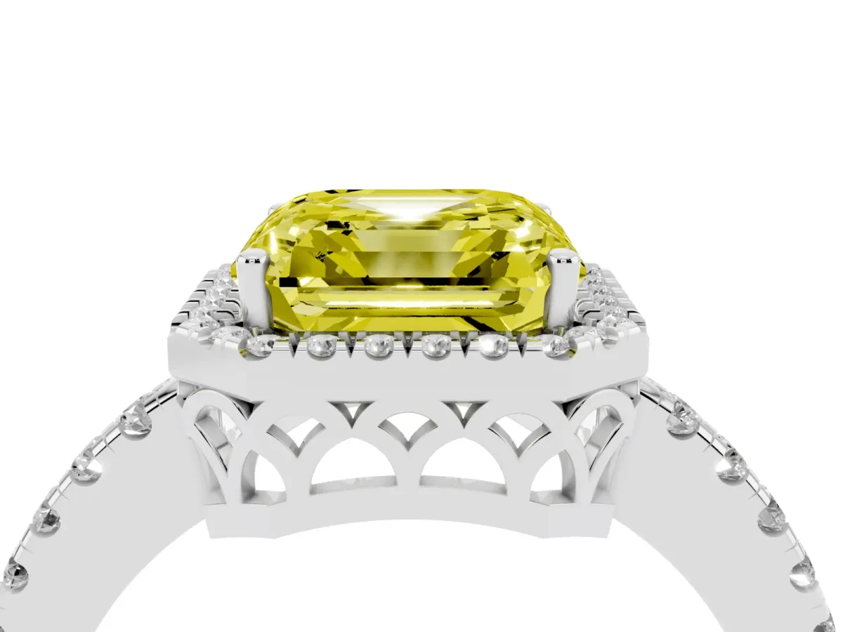 Fancy Yellow Asscher Cut Halo Diamond Engagement Ring with Pavé Band and Four-Prong Setting Platinum