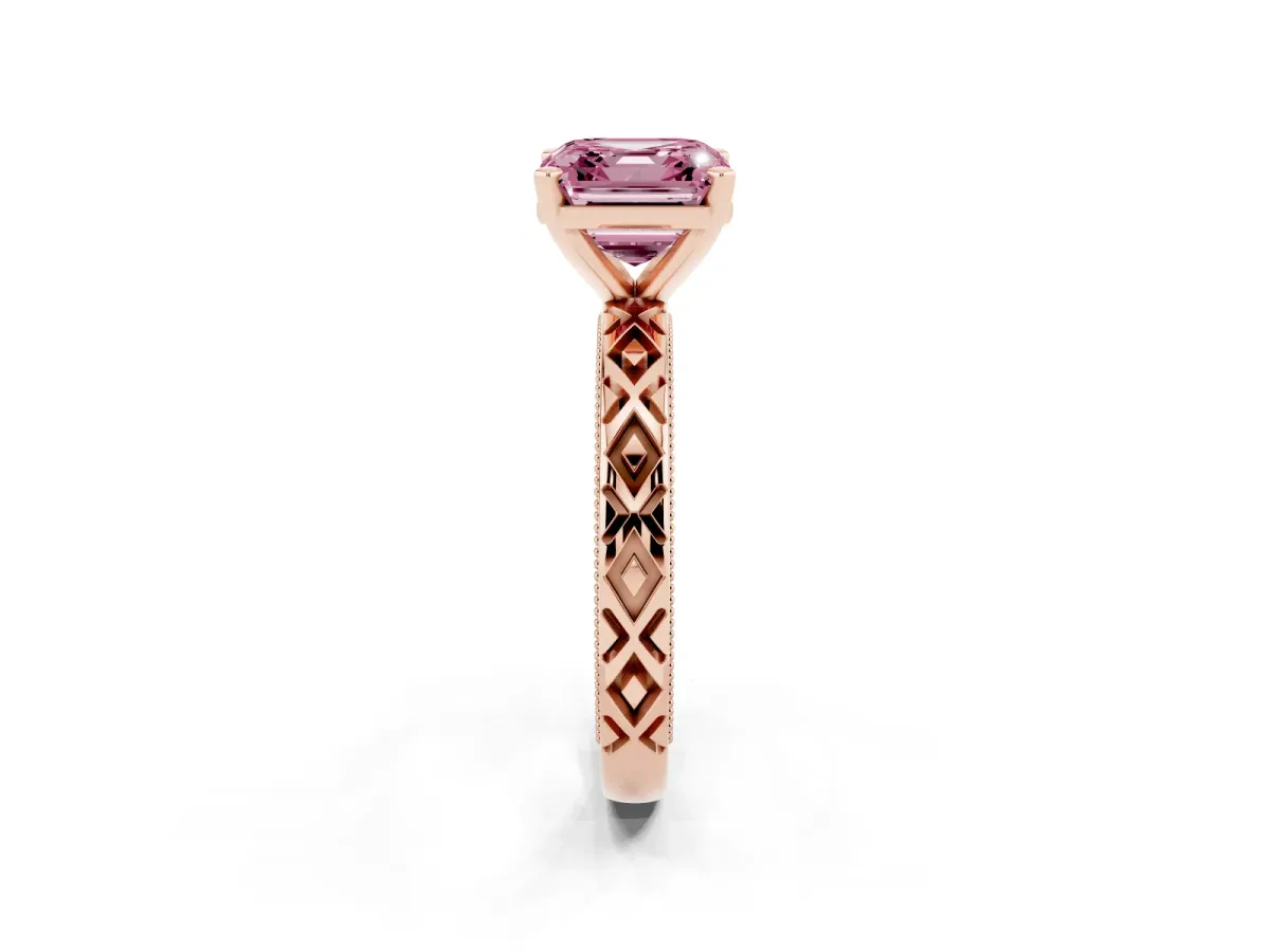 Fancy Pink Asscher Cut Solitaire Diamond Ring with Milgrain and Black Enamel X Pattern Band Rose gold