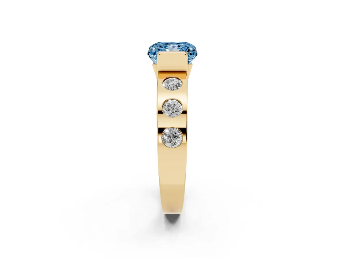 Fancy Blue Princess Cut Brilliant Channel-Set Diamond Ring with Bezel Prong Setting Yellow gold