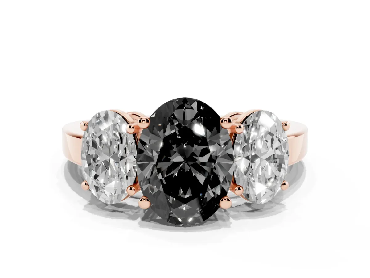 Fancy Black Three-Stone Oval Cut Cut Diamond Engagement Ring with Flat Band and Four-Prong Setting Rose gold