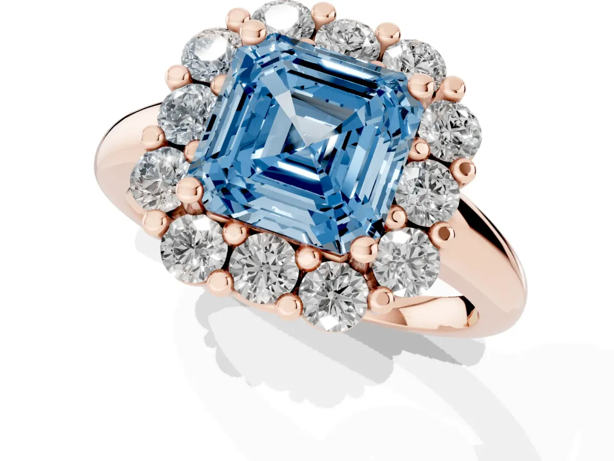 Fancy Blue Asscher Cut Halo Cluster Diamond Engagement Ring with Prong Setting and Polished Band Rose gold