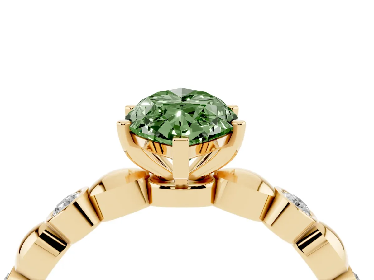 Fancy Green Marquise Cut Solitaire Bezel-Set Diamond Ring with Beaded Band and Four-Prong Setting Yellow gold