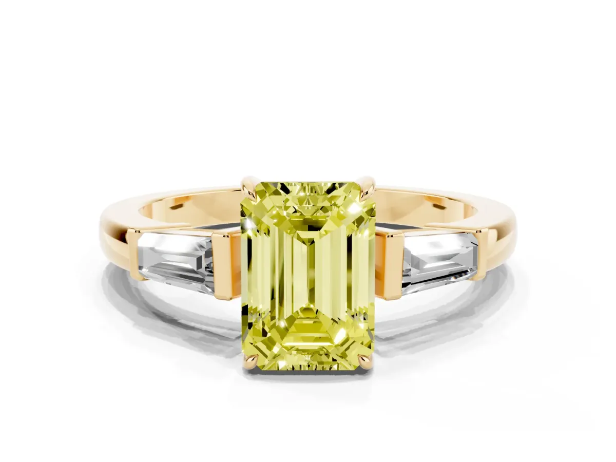 Fancy Yellow Emerald Cut Diamond Three-Stone Ring with Tapered Baguette Side Stones and Prong Setting Yellow gold