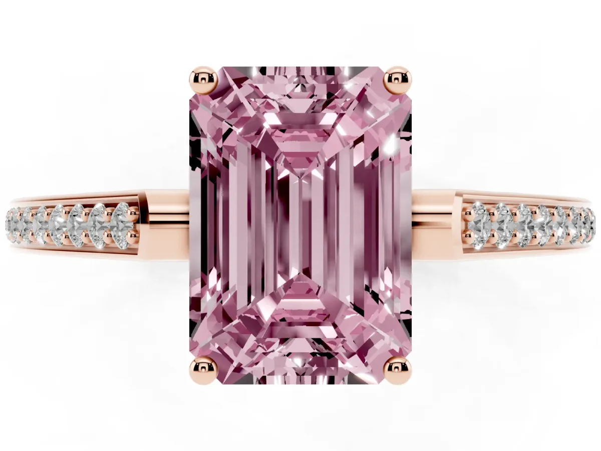 Fancy Pink Emerald Cut Cut Cathedral Pave Diamond Engagement Ring with Six-Prong Setting Rose gold