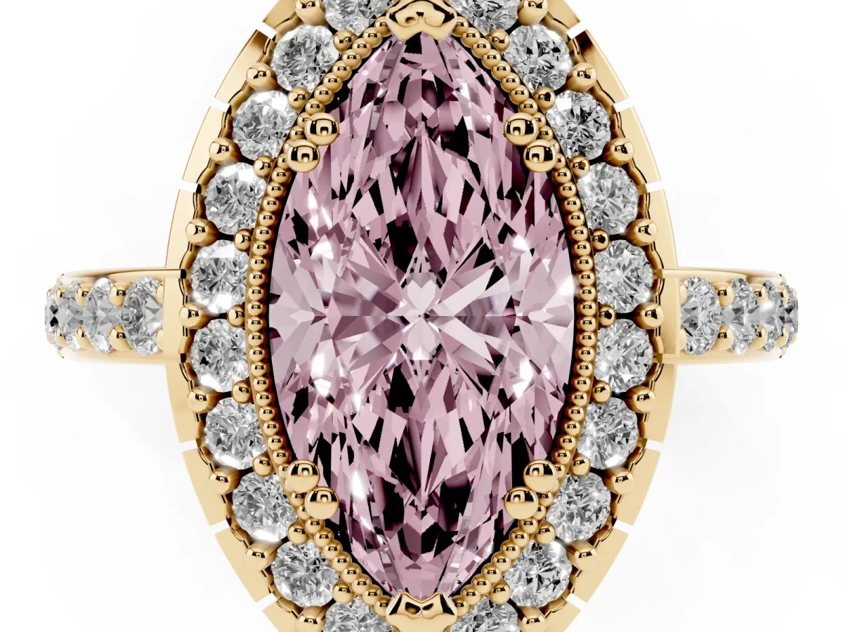 Fancy Pink Marquise Cut Diamond Halo Ring with Pavé Band and Prong Setting Yellow gold