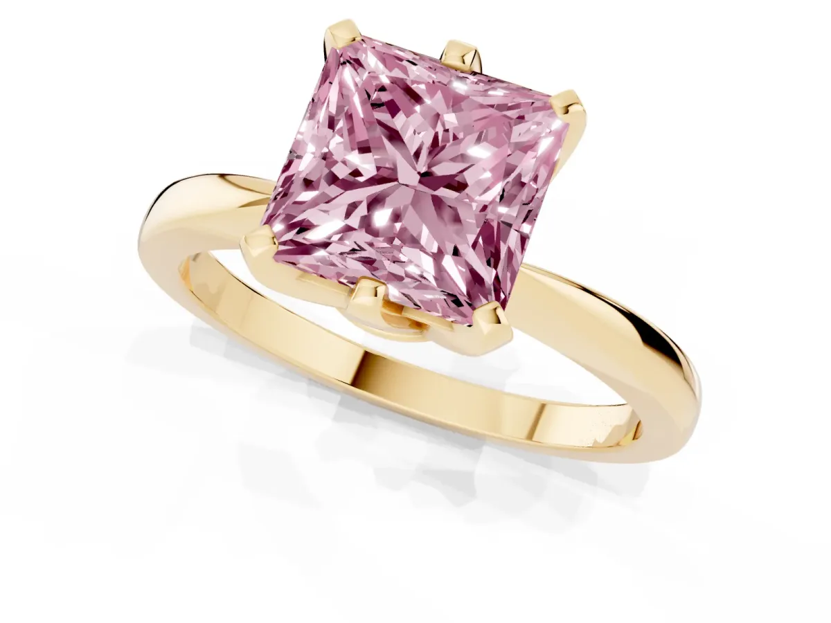 Fancy Pink Princess Cut Solitaire Engagement Ring with Six-Prong Setting and Tapered Band Yellow gold