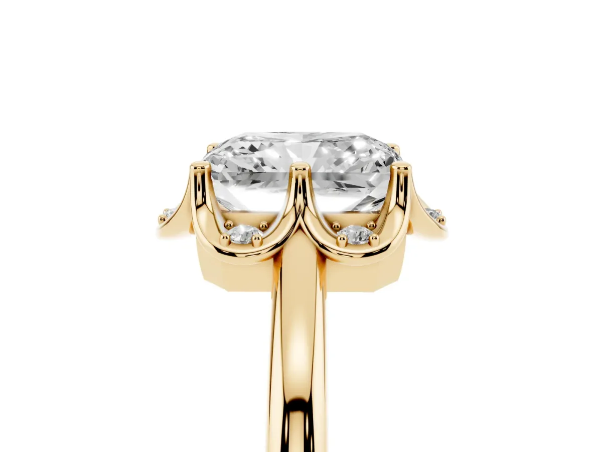 Radiant Cut Halo Diamond Ring with Round Cluster Setting, Solitaire Band, and Four-Prong Setting Yellow gold