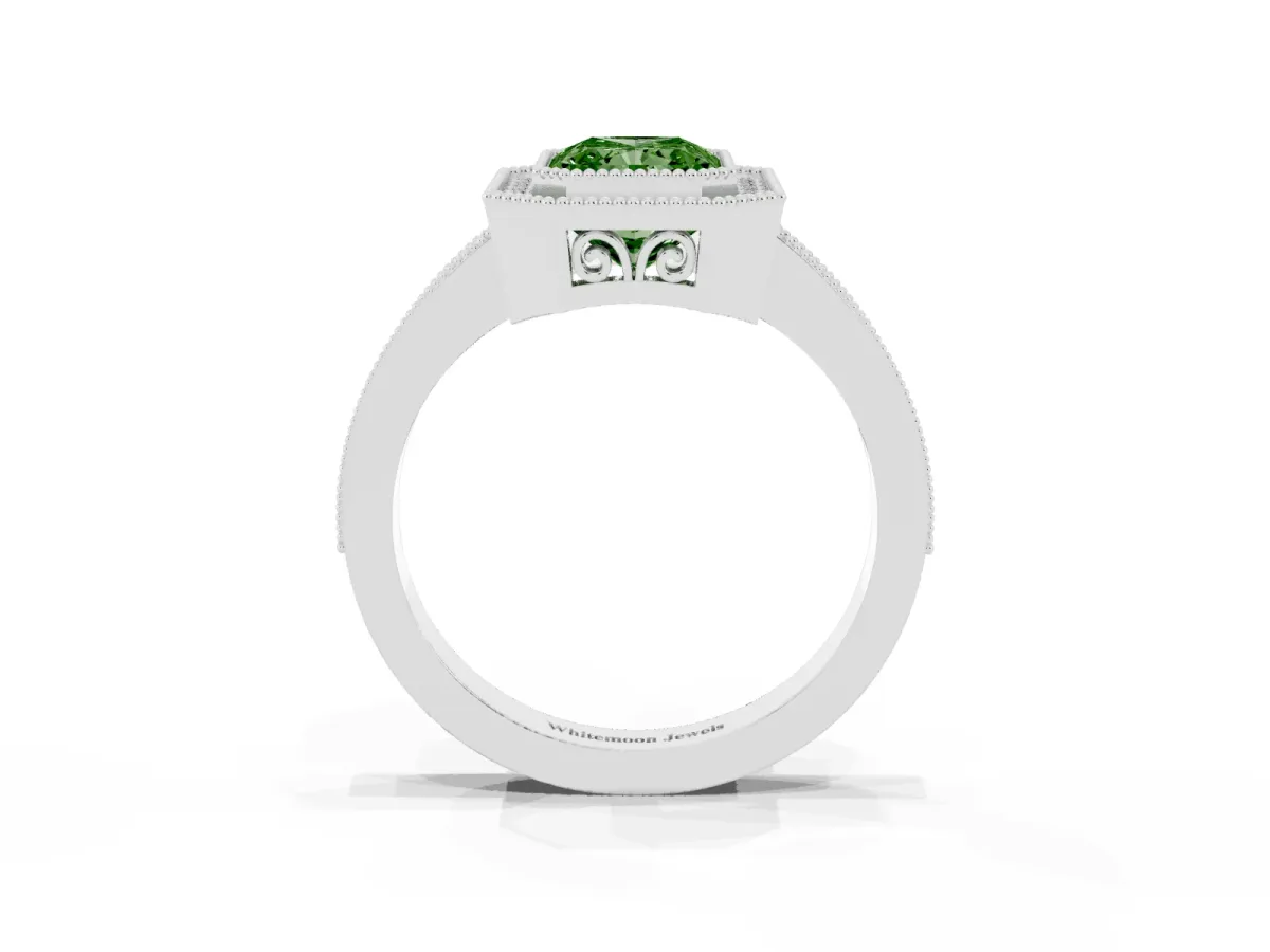 Fancy Green Radiant Cut Cut Halo Diamond Ring with Pavé Band and Milgrain Prong Setting Platinum