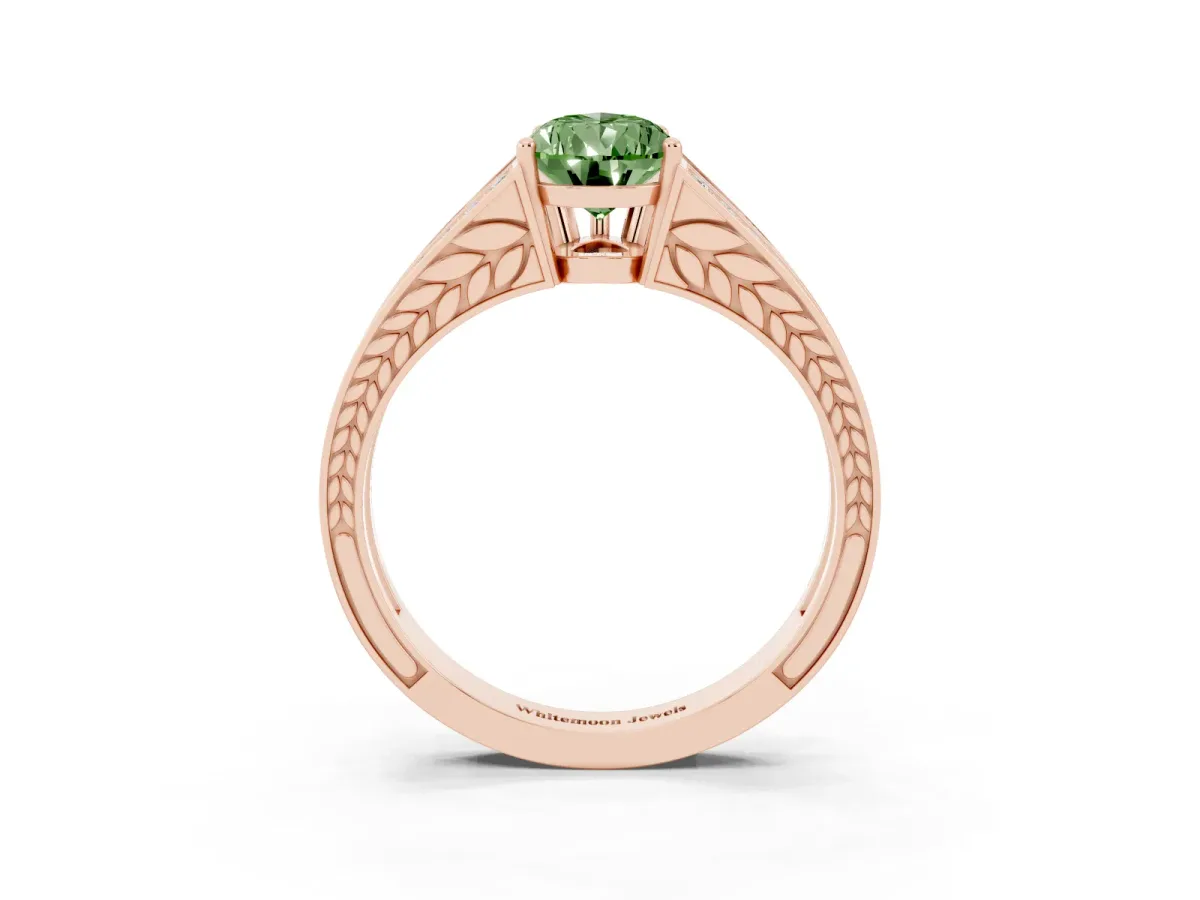 Fancy Green Pear Cut Diamond Split Shank Ring with Pavé Band and Four-Prong Setting Rose gold