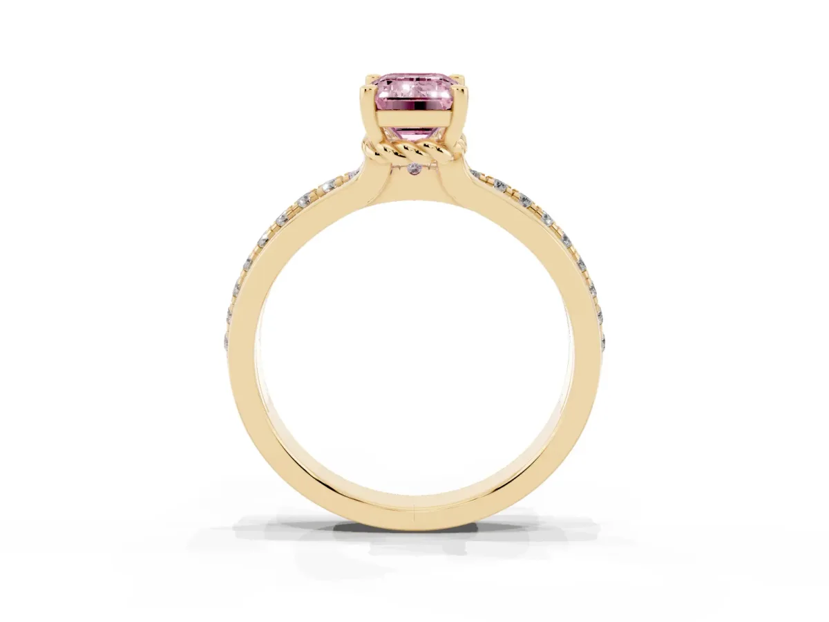 Fancy Pink Emerald Cut Solitaire Diamond Ring with Channel Set Band and Six-Prong Setting Yellow gold