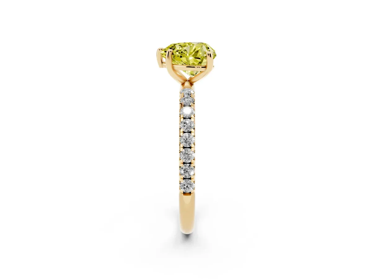 Fancy Yellow Heart Cut Cut Diamond Solitaire Ring with Micro Pave Band and Four Prong Setting Yellow gold