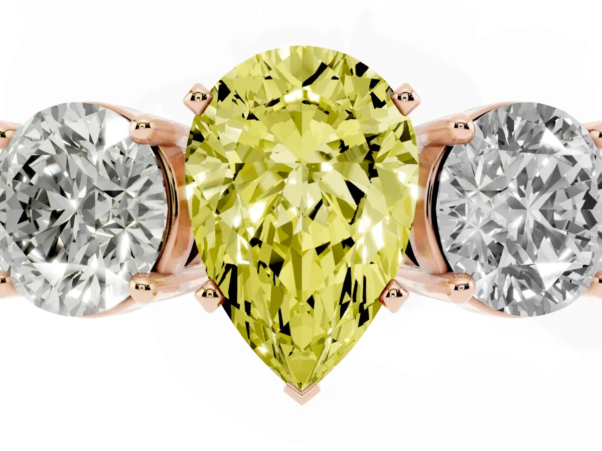 Fancy Yellow Three-Stone Pear Cut Diamond Ring with Round Side Stones, Classic Band, and Four-Prong Setting Rose gold