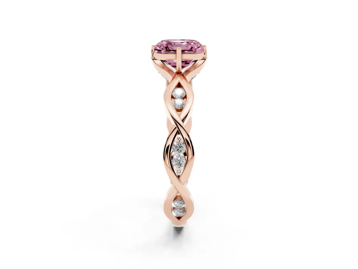 Fancy Pink Asscher Cut Solitaire Twist Band with Leaf Prong Setting Rose gold