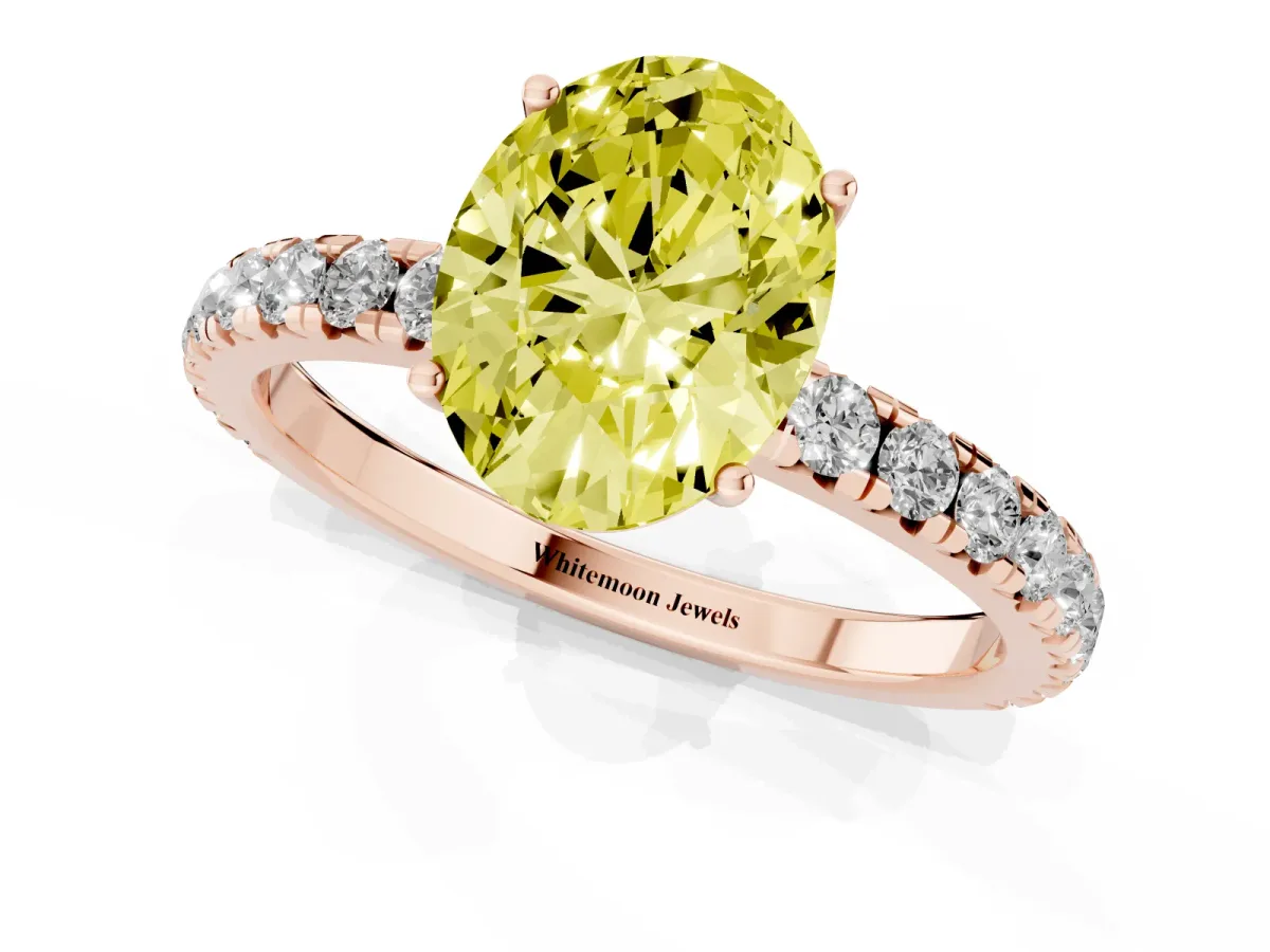 Fancy Yellow Oval Cut Diamond Pavé Solitaire Engagement Ring with Four-Prong Setting Rose gold