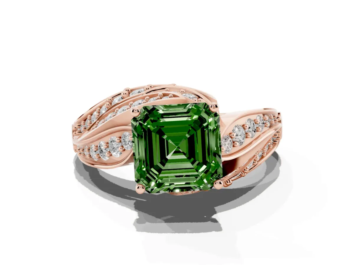 Fancy Green Asscher Cut Diamond Solitaire Ring with Prong Setting and Twisted Pavé Band Rose gold