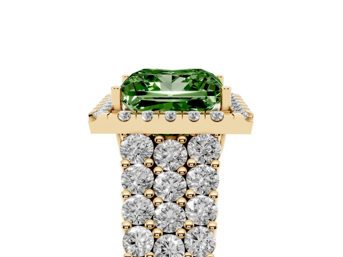 Fancy Green Princess Cut Diamond Halo Engagement Ring with Triple Row Round Pavé Band and Prong Setting Yellow gold