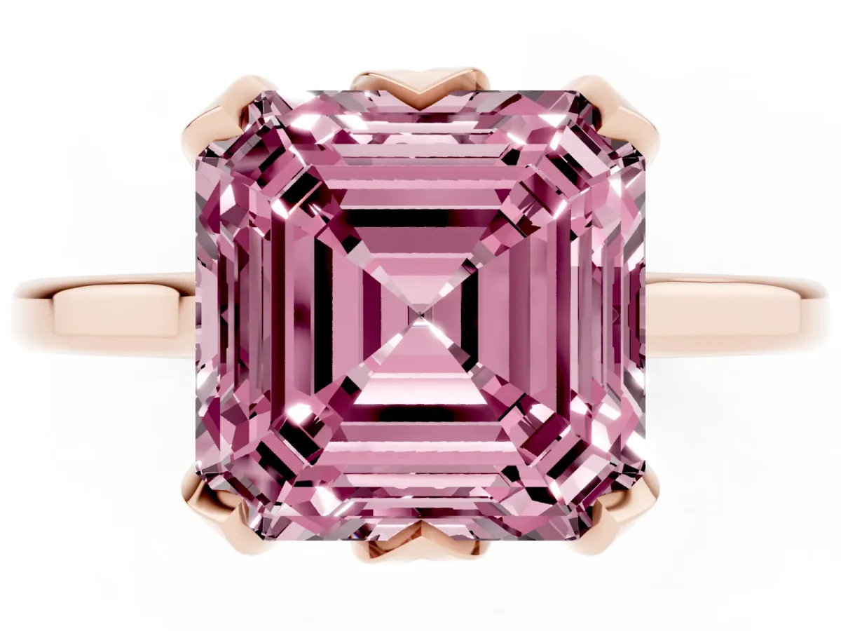 Fancy Pink Asscher Cut Diamond Solitaire Ring with Flower Prong Setting and Classic Band Rose gold