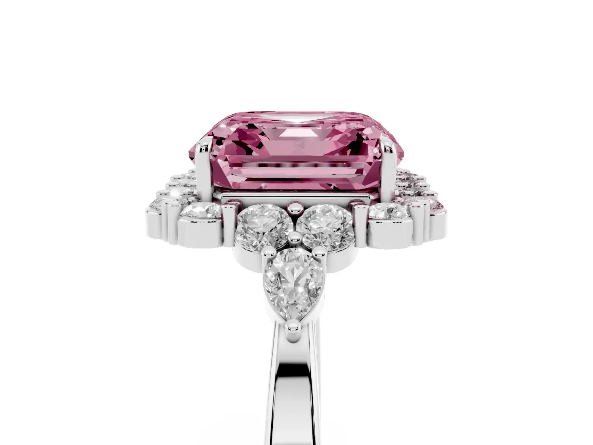 Fancy Pink Asscher Cut Diamond Halo Ring with Pear Side Stones and Prong Setting Silver