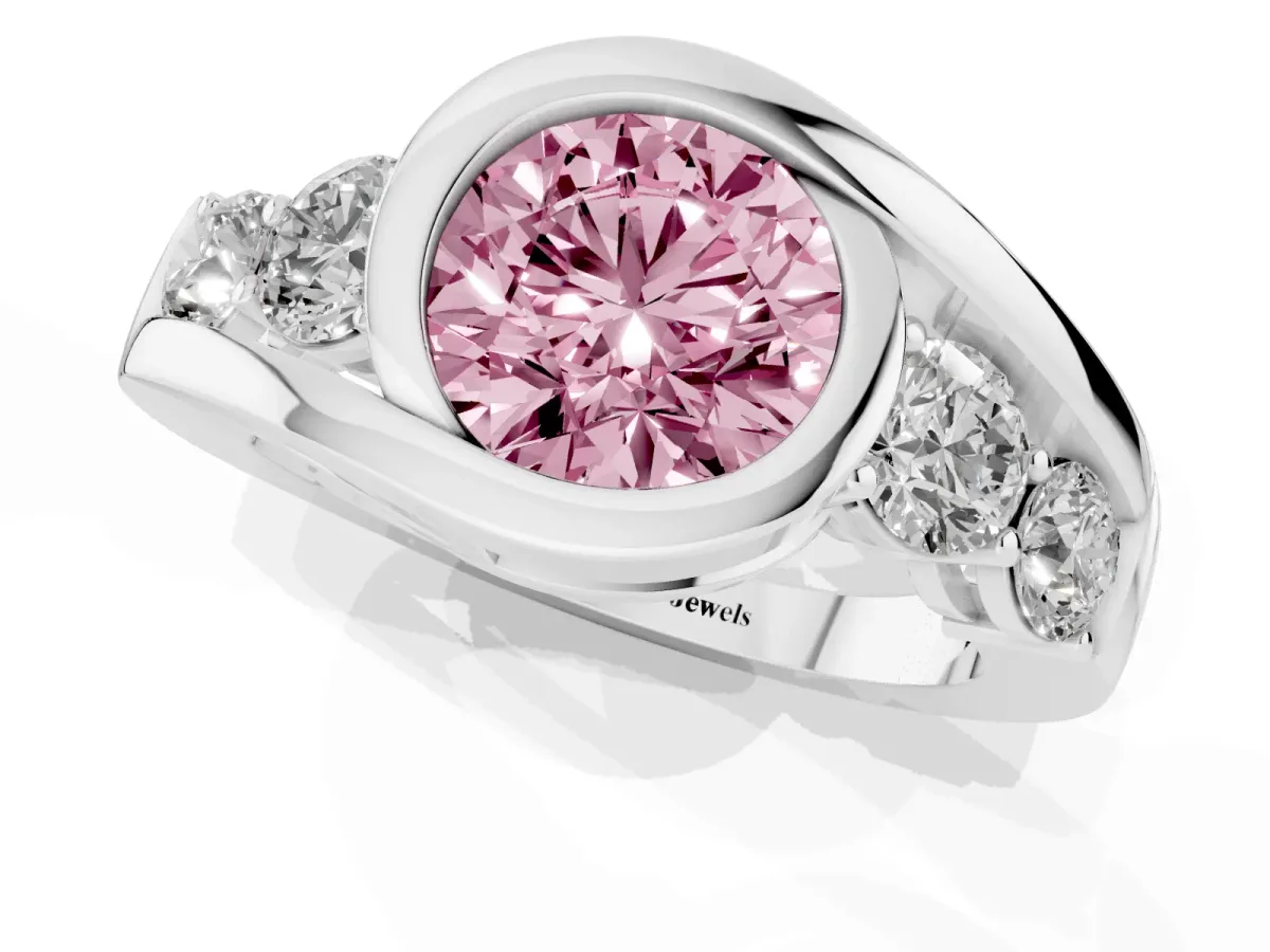 Fancy Pink Bezel Set Round Cut Diamond Bypass Ring with Round Accents Silver