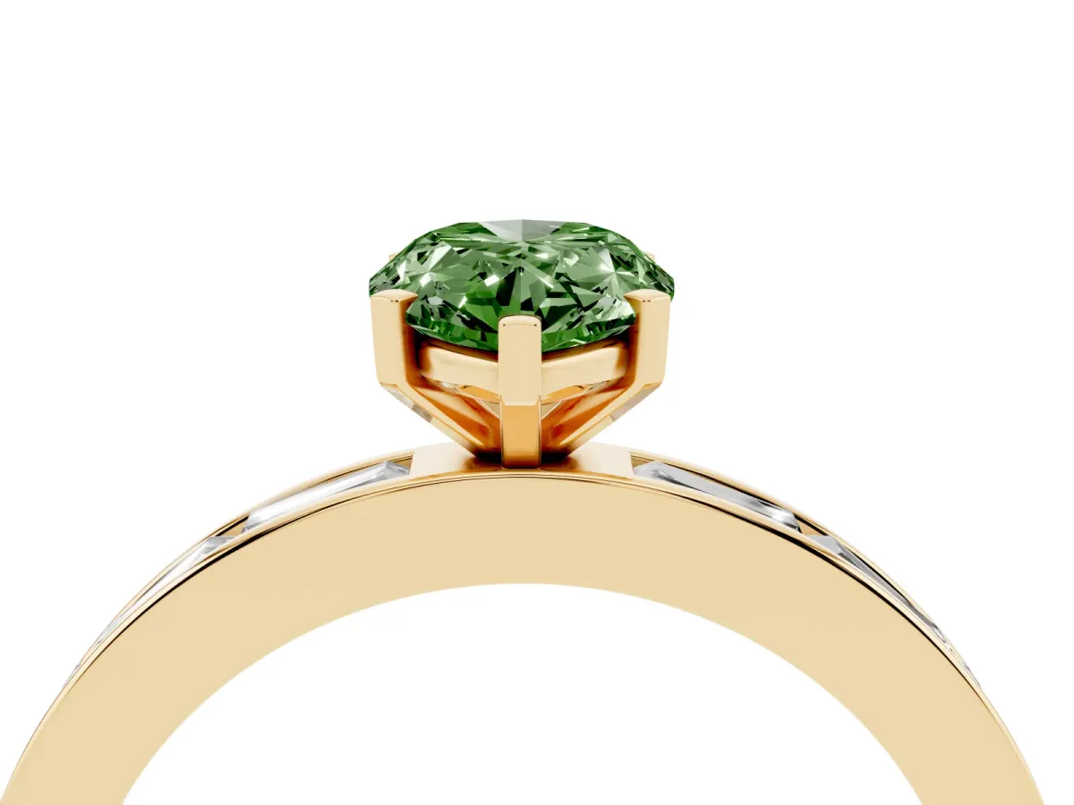 Fancy Green Pear Cut Solitaire Diamond Ring with Channel-Set Baguette Band and Four-Prong Setting Yellow gold