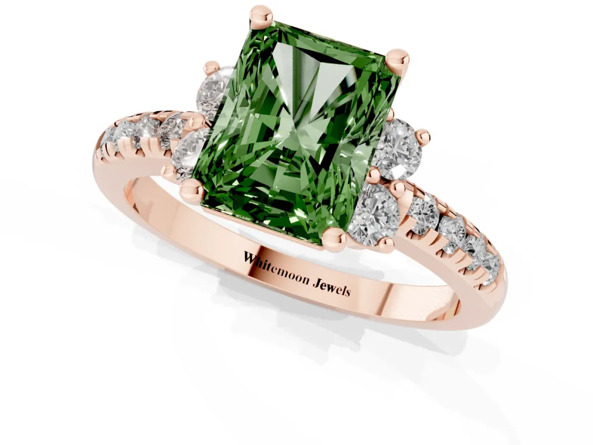Fancy Green Radiant Cut Diamond Three-Stone Pave Band with Four-Prong Setting Rose gold