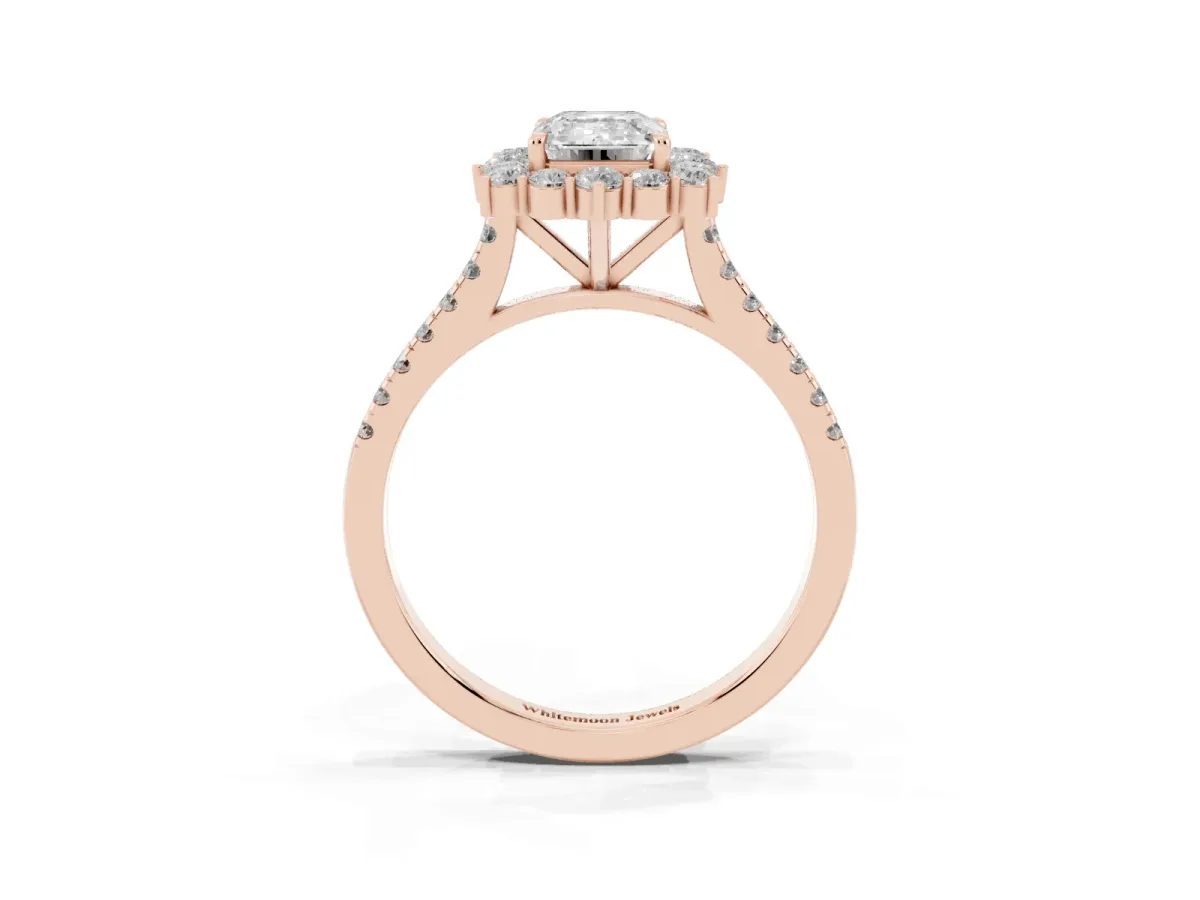 Emerald Cut Halo Diamond Ring with Pavé Band and Prong Setting Rose gold
