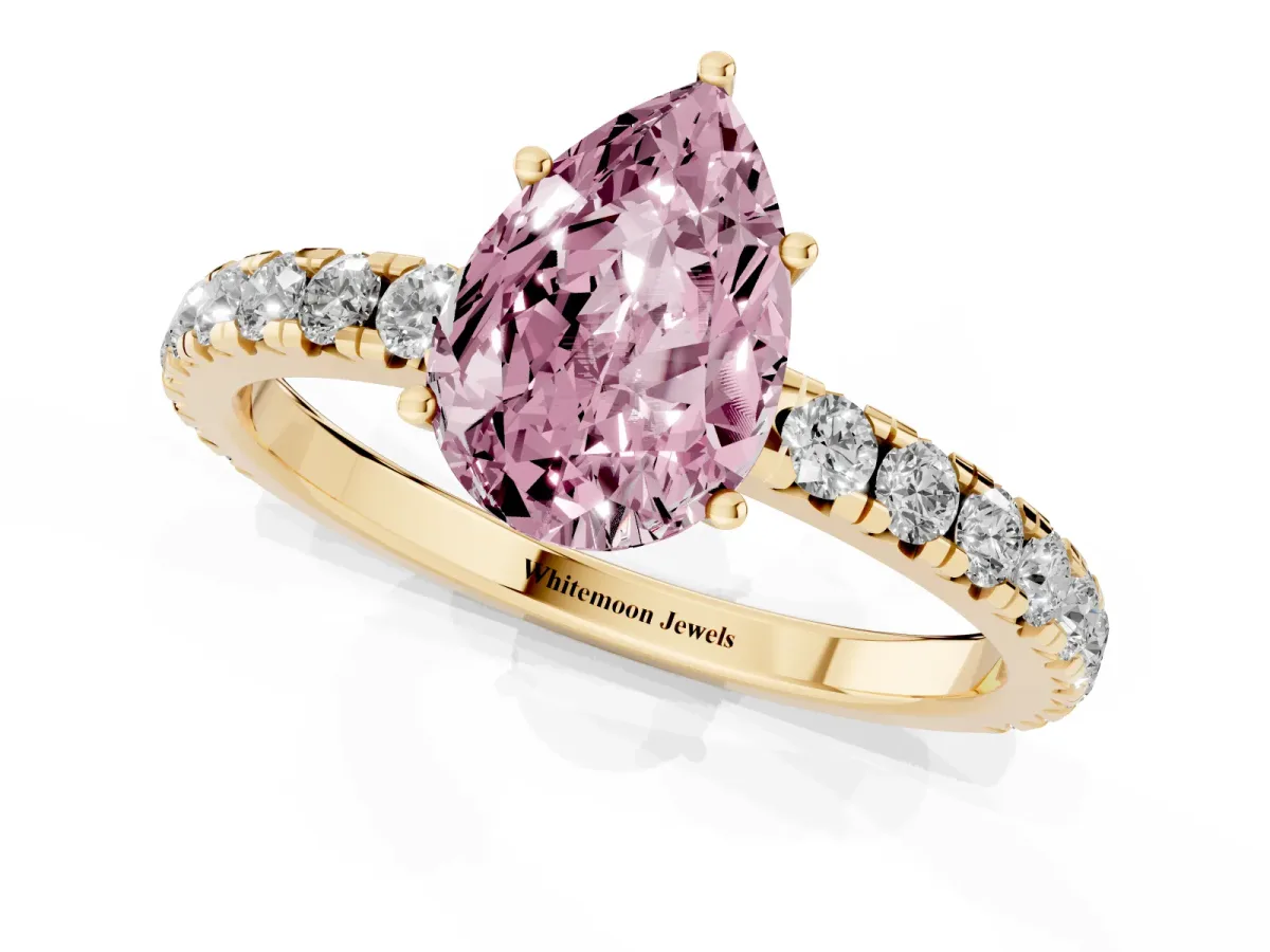 Fancy Pink Pear Cut Diamond Pavé Solitaire Engagement Ring with Four-Prong Setting Yellow gold