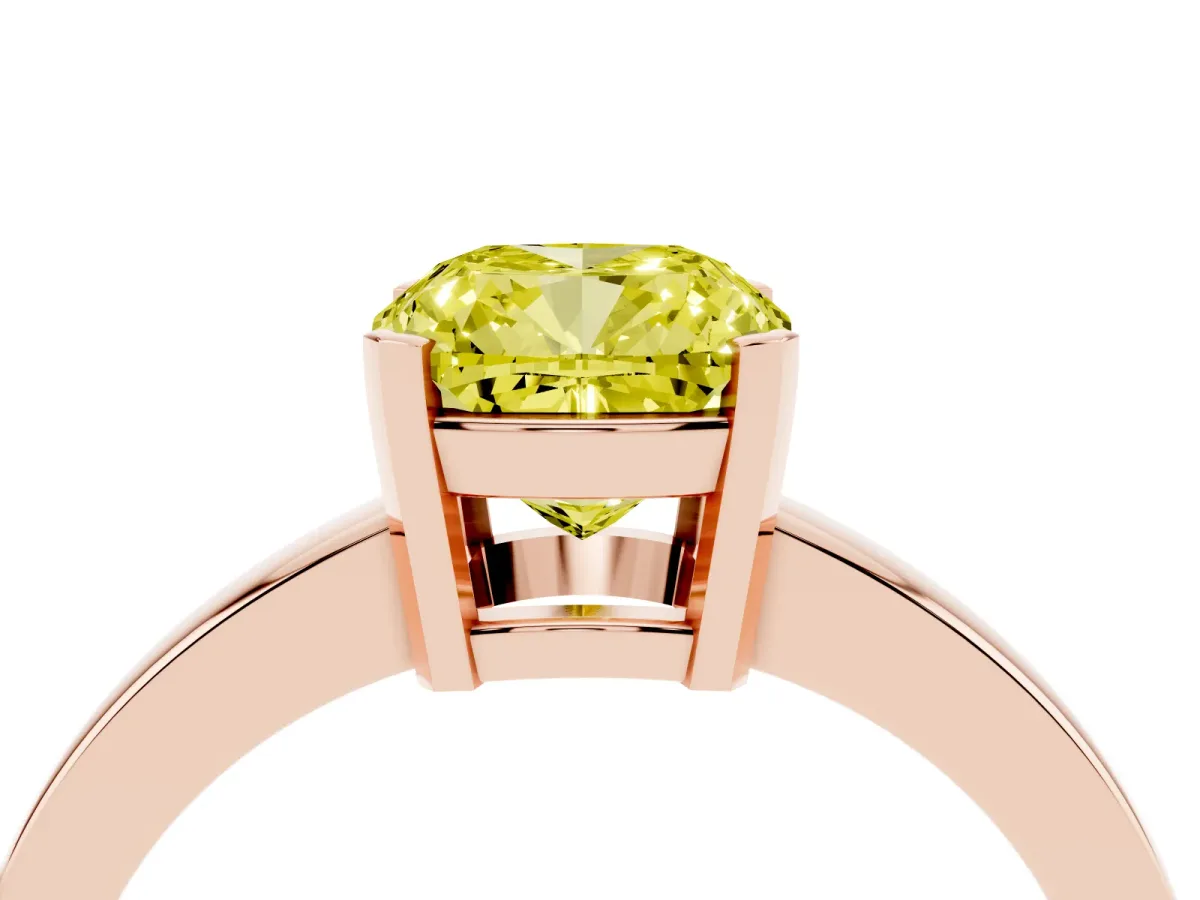 Fancy Yellow Cushion Cut Cut Solitaire Ring with Four-Prong Setting and Classic Band Rose gold