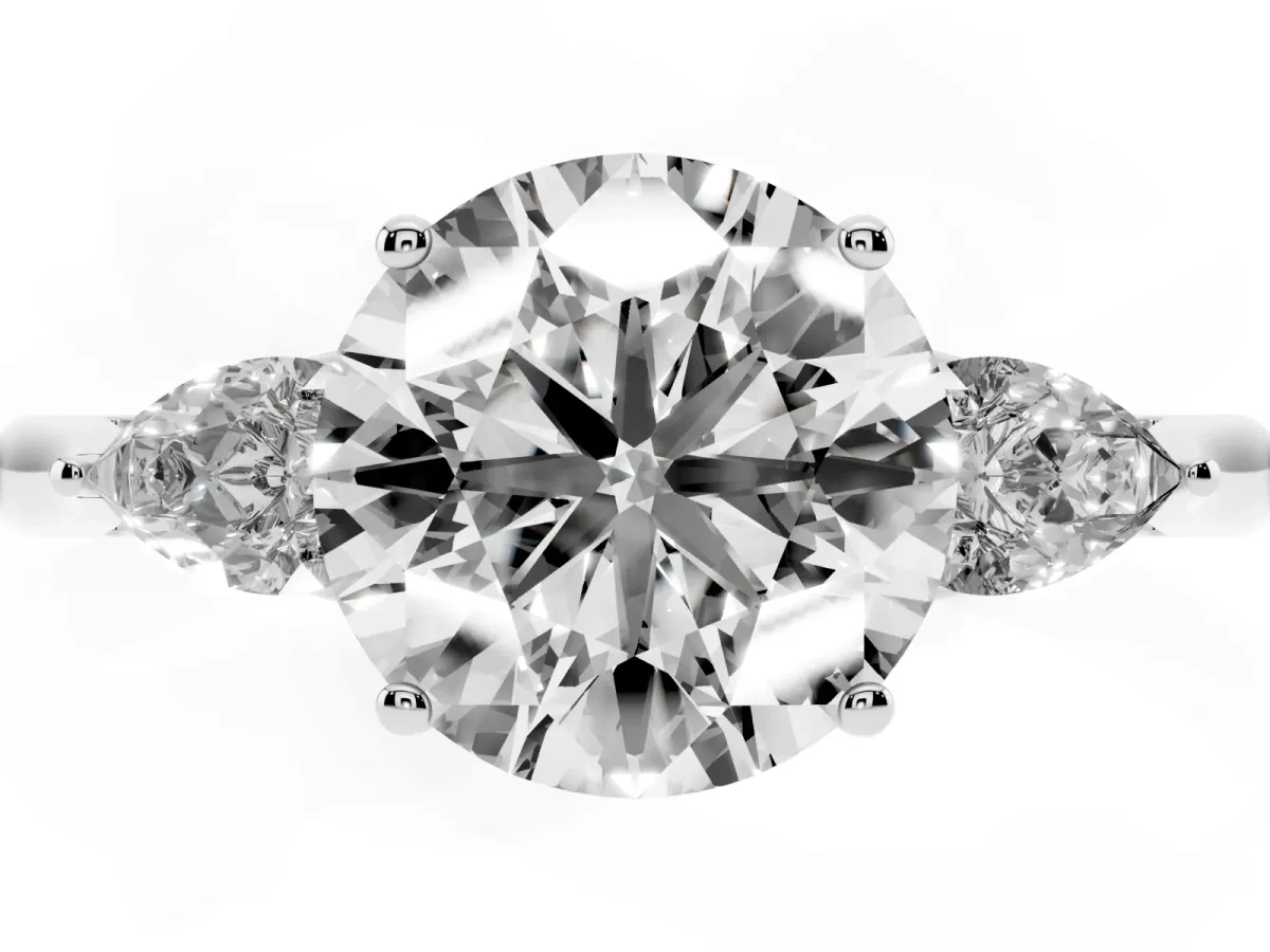 Three-Stone Round Cut Brilliant Diamond Solitaire Ring with Tapered Band and Four-Prong Setting Silver
