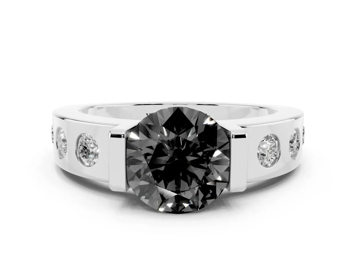 Fancy Black Round Cut Brilliant Channel-Set Diamond Ring with Bezel Prong Setting Platinum