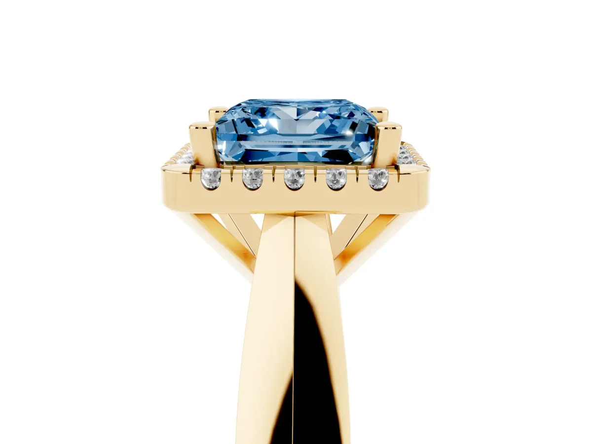 Fancy Blue Princess Cut Cut Halo Solitaire Engagement Ring with Square Band and Four-Prong Setting Yellow gold
