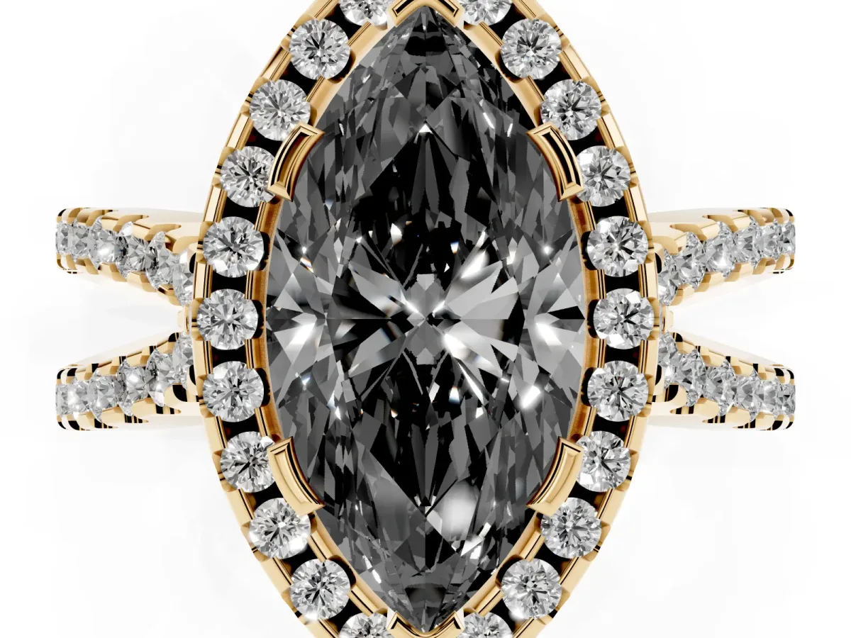 Fancy Black Marquise Cut Diamond Halo Ring with Split Shank Pavé Band and Prong Setting Yellow gold