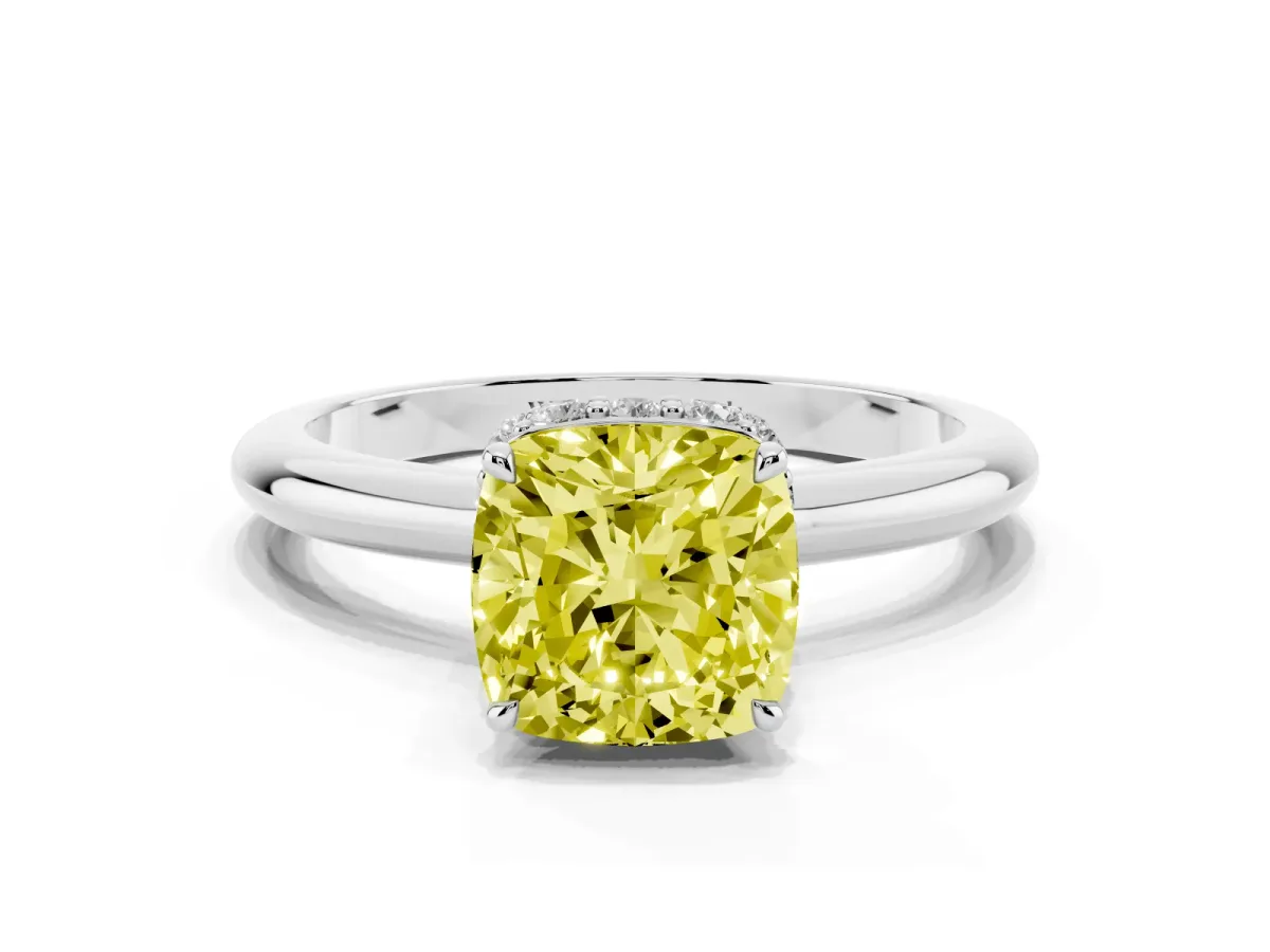 Fancy Yellow Cushion Cut Brilliant Solitaire Engagement Ring with Six-Prong Setting and Classic Band Silver