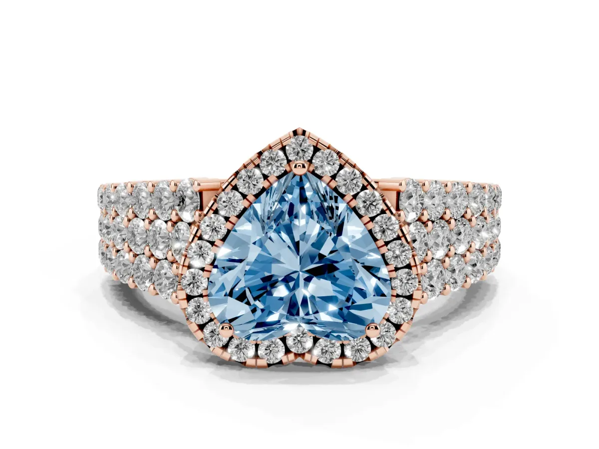 Fancy Blue Heart Cut Diamond Halo Engagement Ring with Triple Row Round Pavé Band and Prong Setting Rose gold