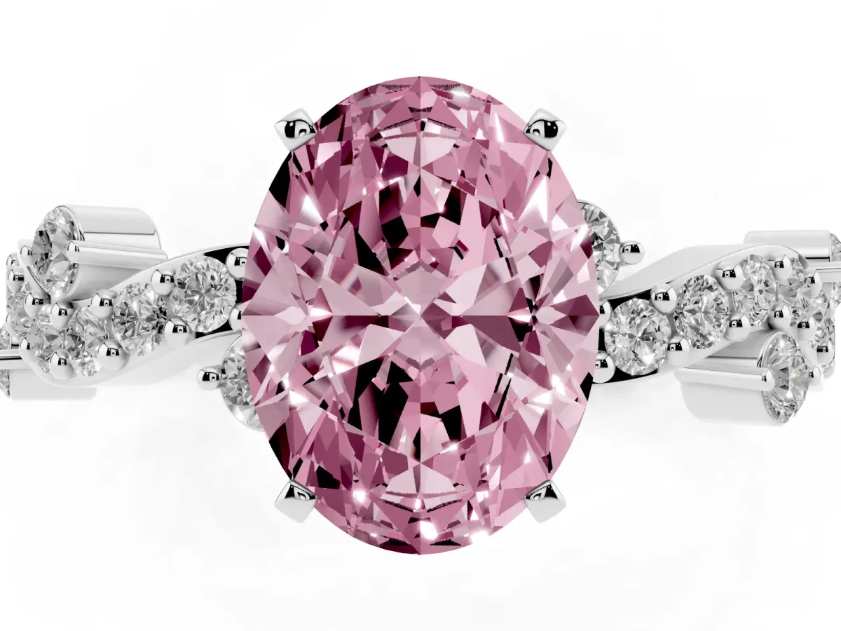 Fancy Pink Oval Cut Cut Solitaire Diamond Twisted Band with Pave Setting Silver