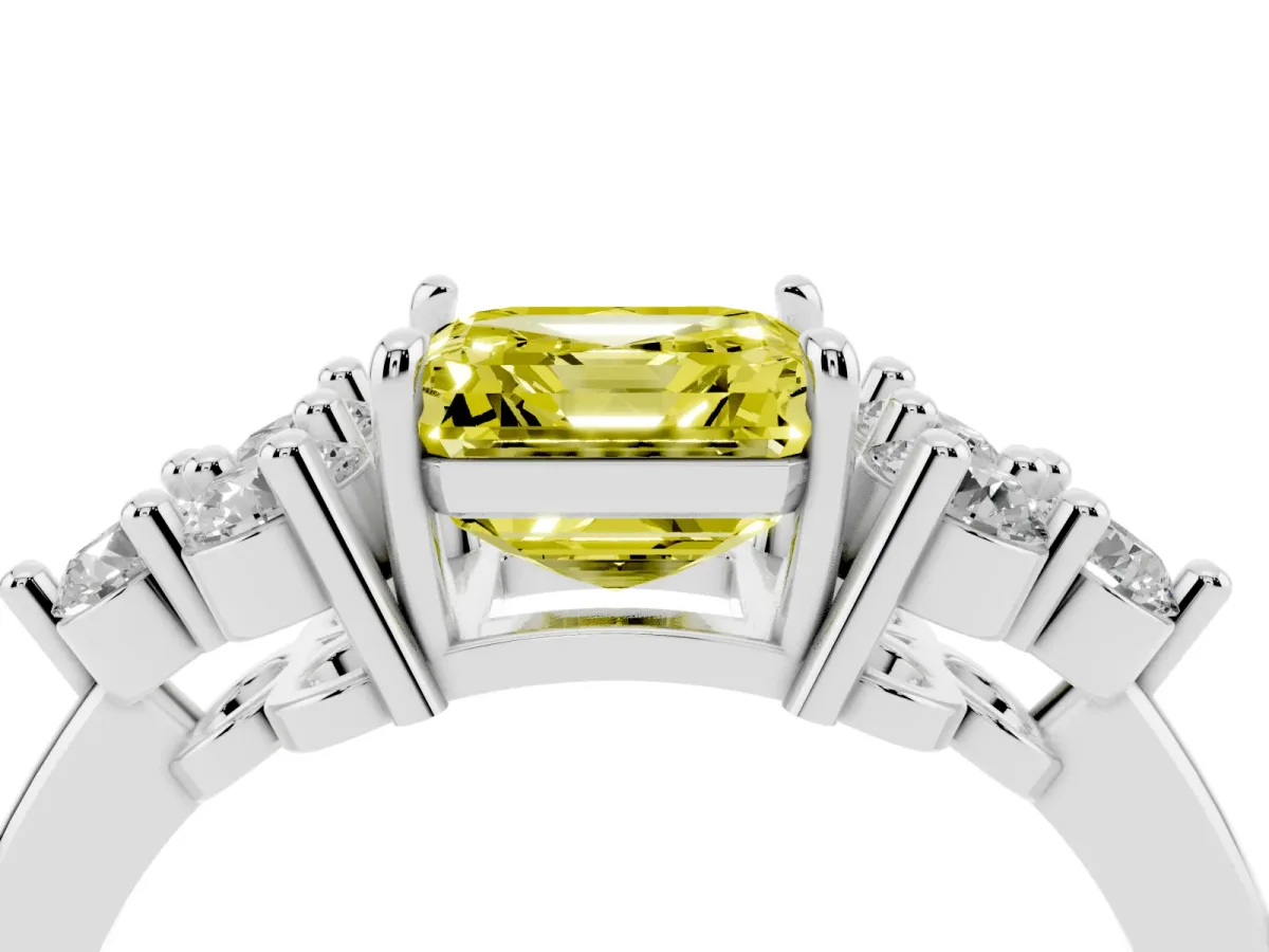 Fancy Yellow Asscher Cut Brilliant Diamond Cluster Accent Solitaire Ring with Prong Setting Silver