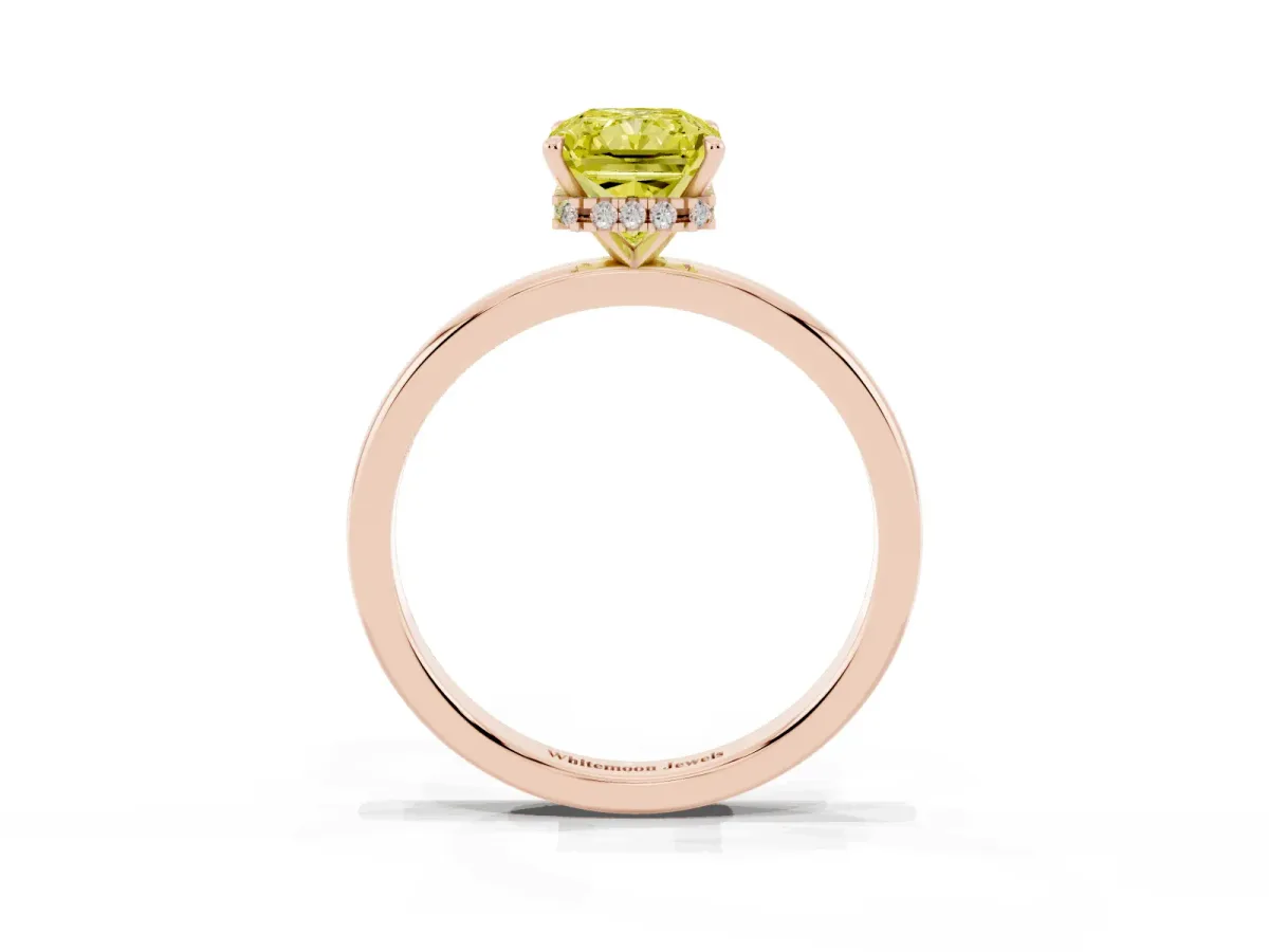 Fancy Yellow Radiant Cut Solitaire Engagement Ring with Cathedral Band and Four-Prong Setting Rose gold