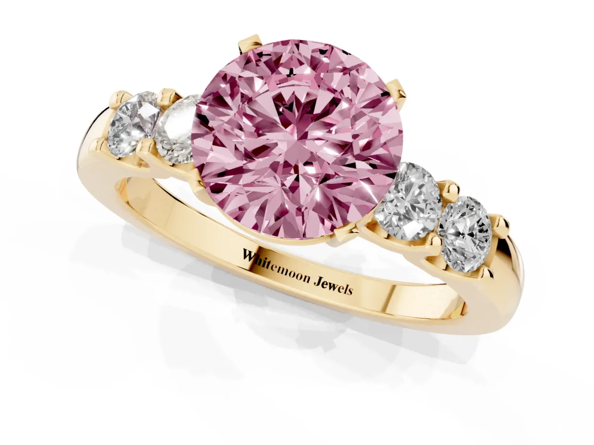Fancy Pink Round Cut Brilliant Cut Diamond Five-Stone Prong Set Engagement Ring with Channel Band Yellow gold