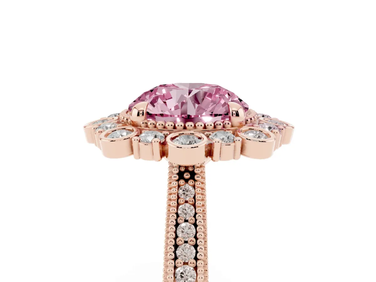 Fancy Pink Round Cut Halo Milgrain Pave Diamond Ring with Four-Prong Setting Rose gold