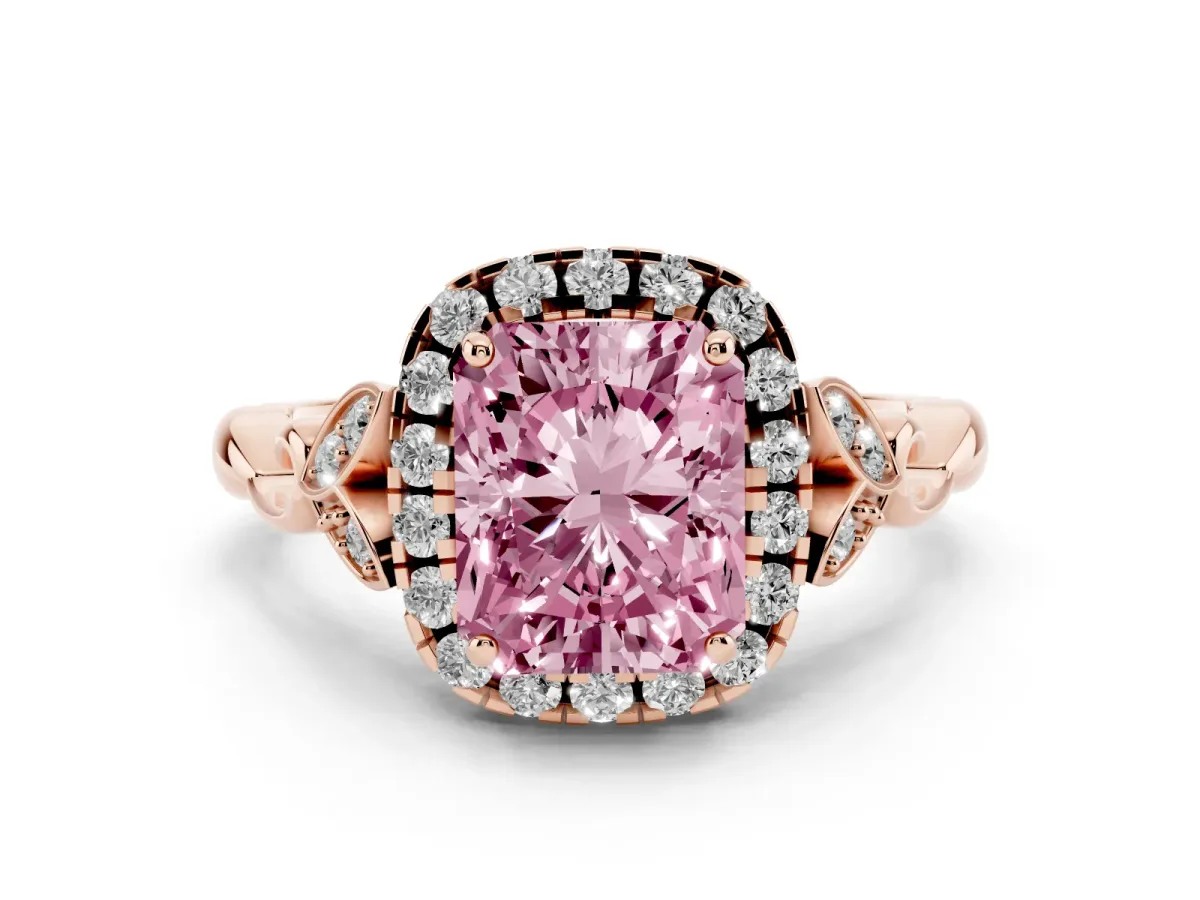 Fancy Pink Radiant Cut Halo Diamond Engagement Ring with Vintage-Inspired Band and Four-Prong Setting Rose gold