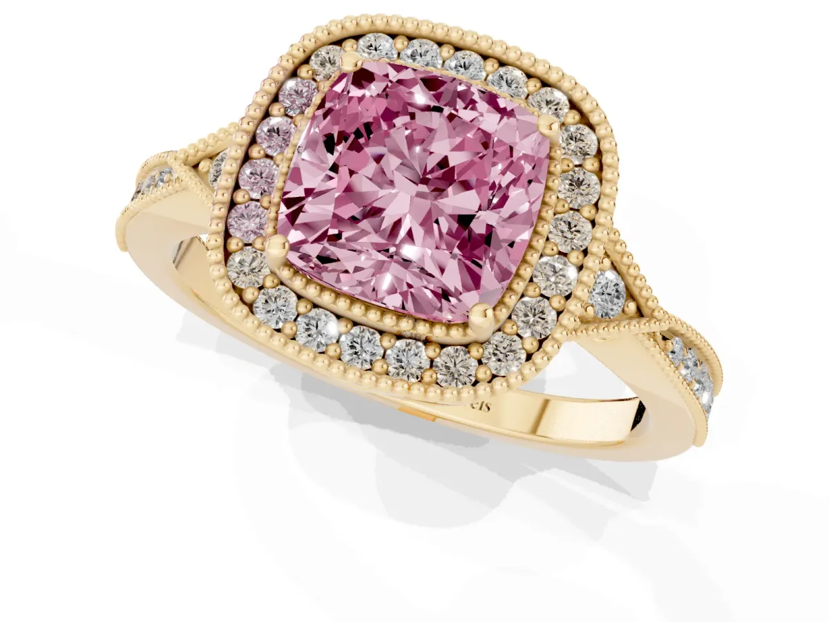 Fancy Pink Cushion Cut Halo Round Diamond Milgrain Pave Engagement Ring Yellow gold